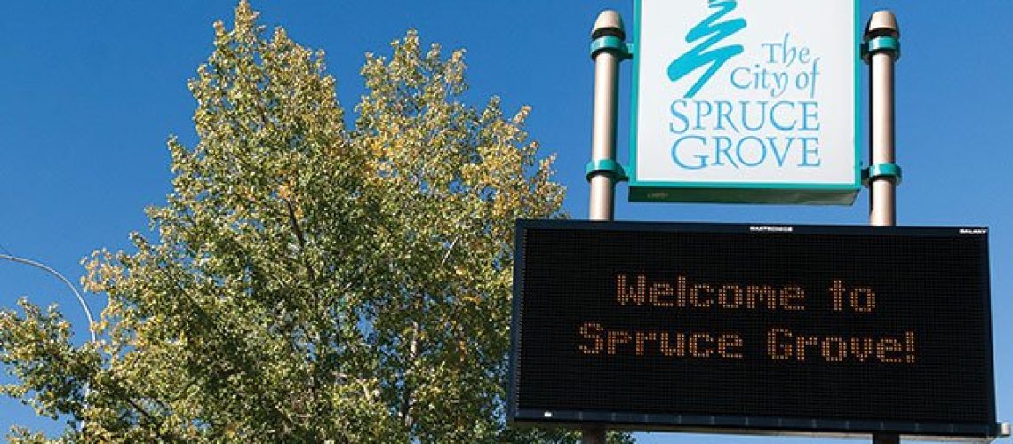 Spruce grove welcome sign